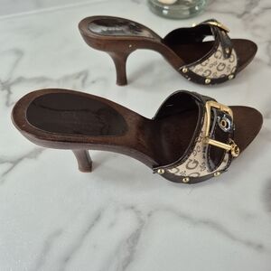 Guess Brown Leather & Beige Logo Slide Heels with Gold Buckle